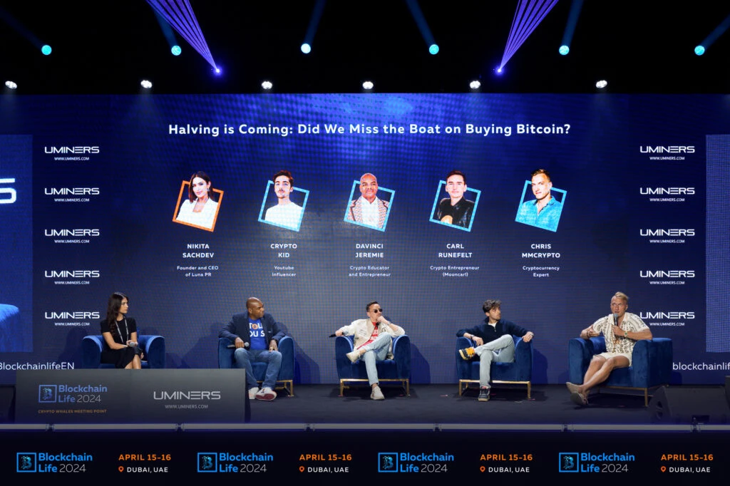 Bitcoin price predictions by The Moon Carl, Davinci Jeremie and Crypto Kid at Blockchain Life 2024 in Dubai