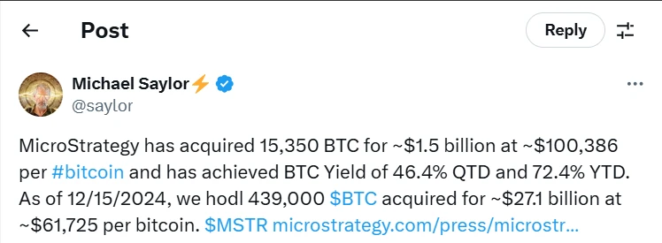 MicroStrategy Snaps Up 15,350 BTC, Investing $5.1B in Bitcoin This Month Amid Major Price Rally