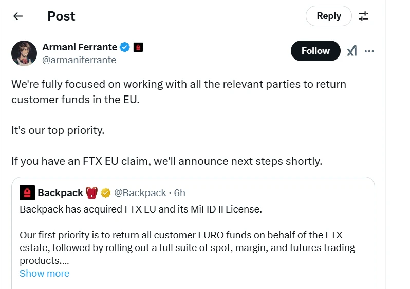 Backpack Exchange Takes Over FTX EU for Q1 Relaunch, Vows Swift Customer Refund